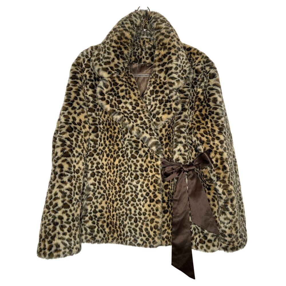 Vintage 2000s Leopard Faux Fur Wrap Coat Jacket With Side Ribbon Tie Large - Picture 2 of 16